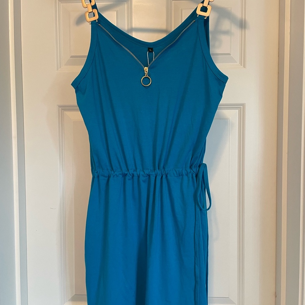 Teal Sleeveless Dress with Gold Accent